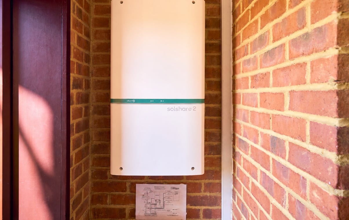 Close-up of a white Allume Solshare 2 power distribution unit featuring a green central stripe, mounted on an interior red brick wall with a technical wiring diagram posted below it.