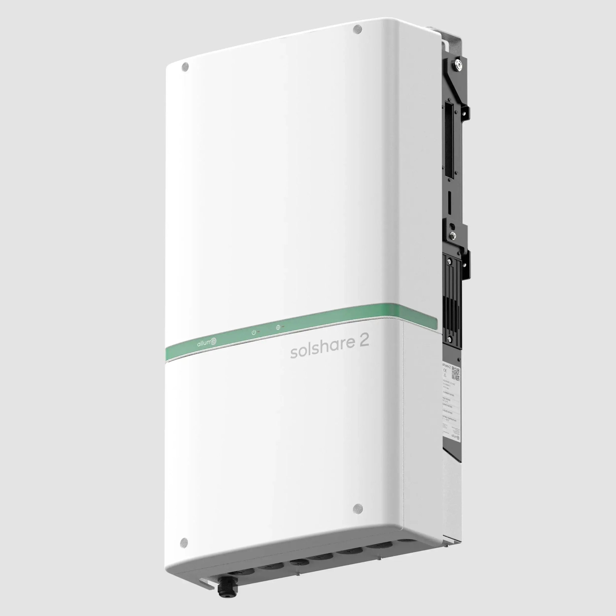 A white, rectangular Allume Solshare 2 device. It features a black top vent, a central green horizontal stripe with the Allume logo and small status lights, and the text 'solshare 2' printed in light gray below the right side of the stripe.
