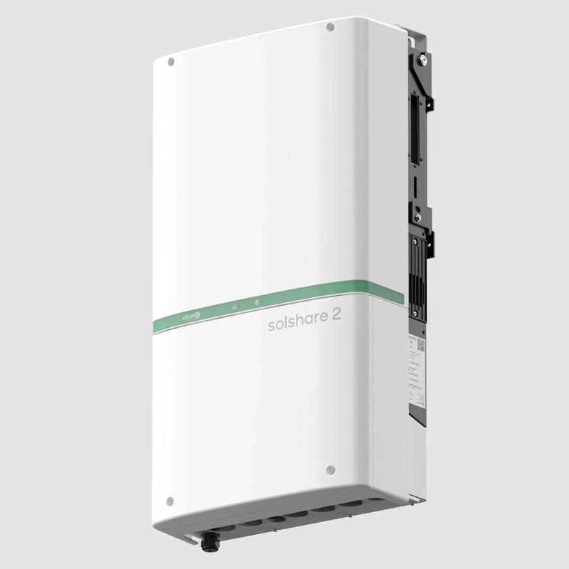 A white, rectangular Allume Solshare 2 device. It features a black top vent, a central green horizontal stripe with the Allume logo and small status lights, and the text 'solshare 2' printed in light gray below the right side of the stripe.