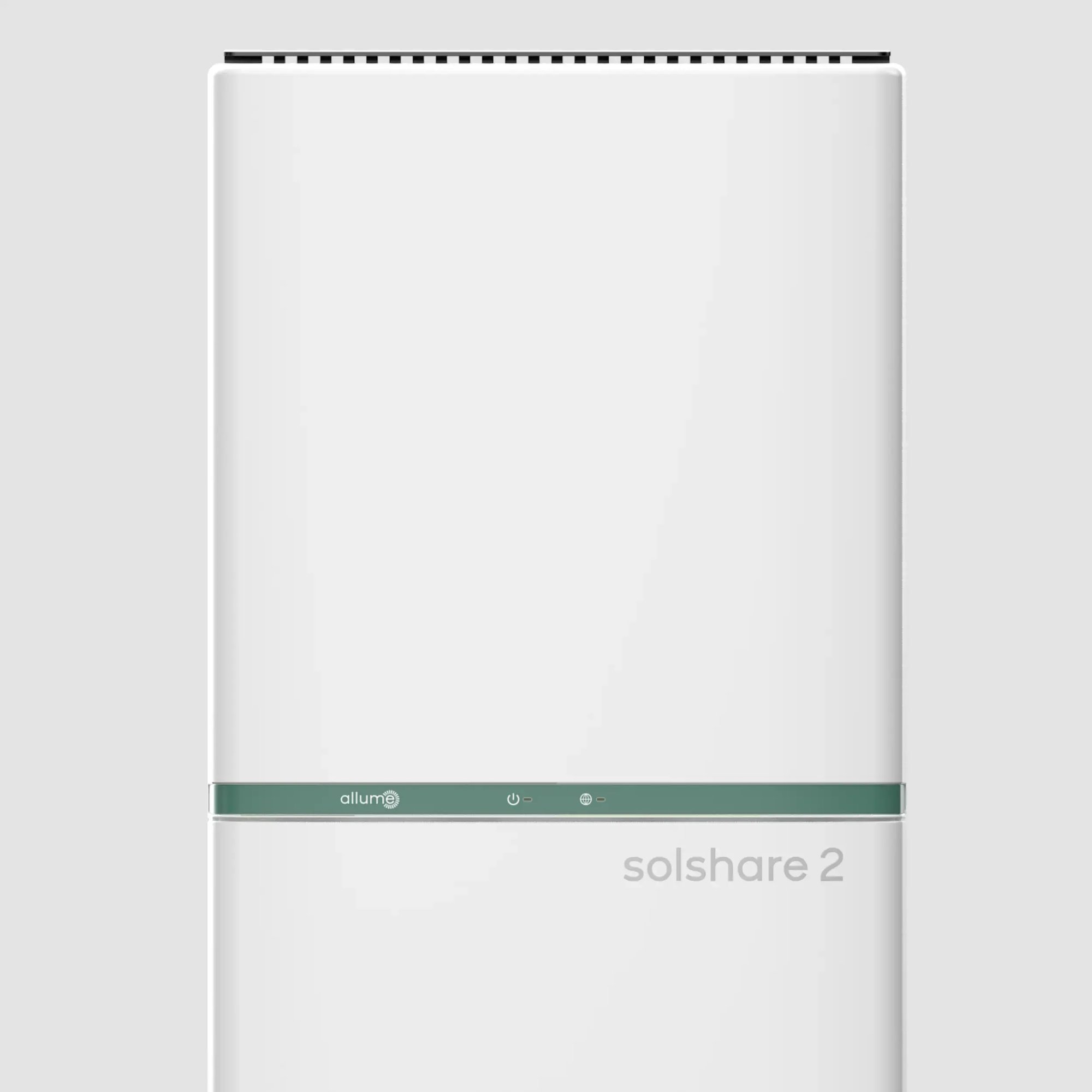 A white, rectangular Allume Solshare 2 device. It features a black top vent, a central green horizontal stripe with the Allume logo and small status lights, and the text 'solshare 2' printed in light gray below the right side of the stripe.